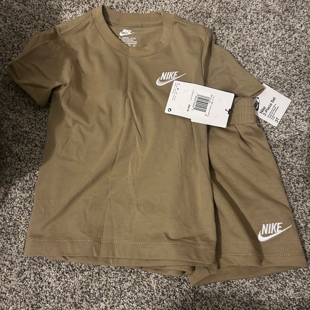 Nike Kids Tan Tee and Shorts Set with White Logos